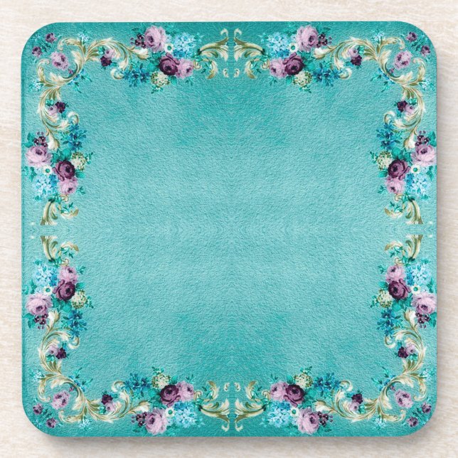 Victorian floral elegant teal purple pink  coaster (Front)