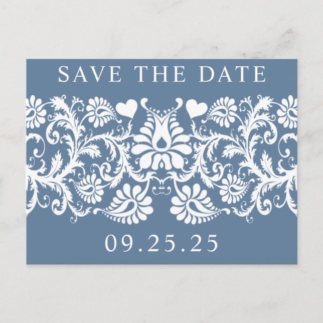 Victorian Floral French Blue Damask Save the Date Announcement Postcard (Front)