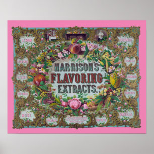 Victorian floral fruit baking extracts pink teal poster