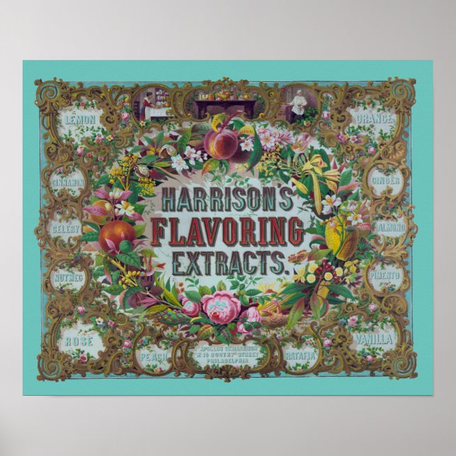 Victorian floral fruit baking extracts teal pink poster (Front)