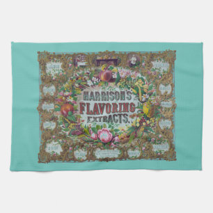 Victorian floral fruit baking extracts vintage  tea towel