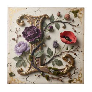 Victorian Floral Gold Letter L Monogram Tile