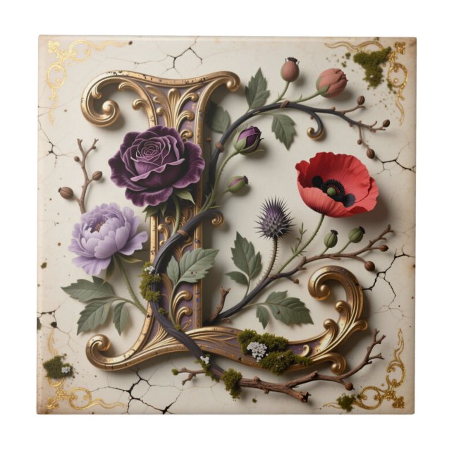 Victorian Floral Gold Letter L Monogram Tile (Front)