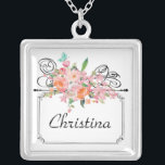 Victorian floral hanging sign wedding pink white silver plated necklace<br><div class="desc">A beautiful victorian antique hanging sign to personalise. Topped with a floral pink bouquet of flowers,  roses and a blue butterfly. Very charming and elegant.</div>