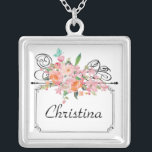 Victorian floral hanging sign wedding pink white silver plated necklace<br><div class="desc">A beautiful victorian antique hanging sign to personalise. Topped with a floral pink bouquet of flowers,  roses and a blue butterfly. Very charming and elegant.</div>