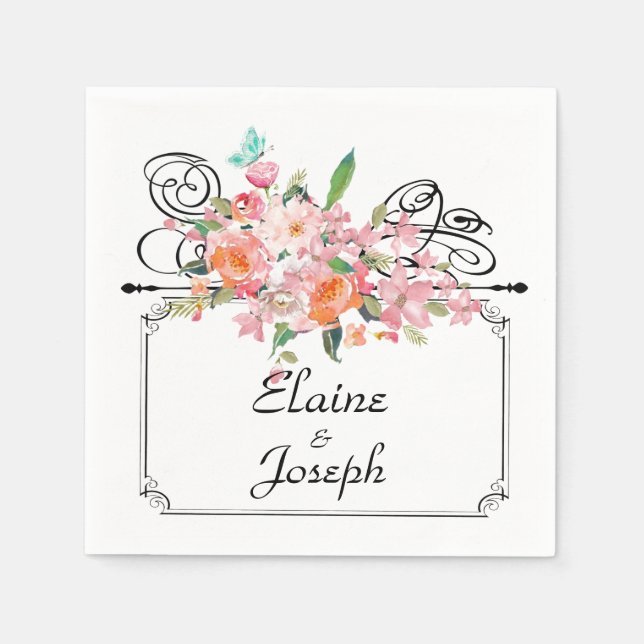 Victorian floral hanging sign wedding white black  napkin (Front)