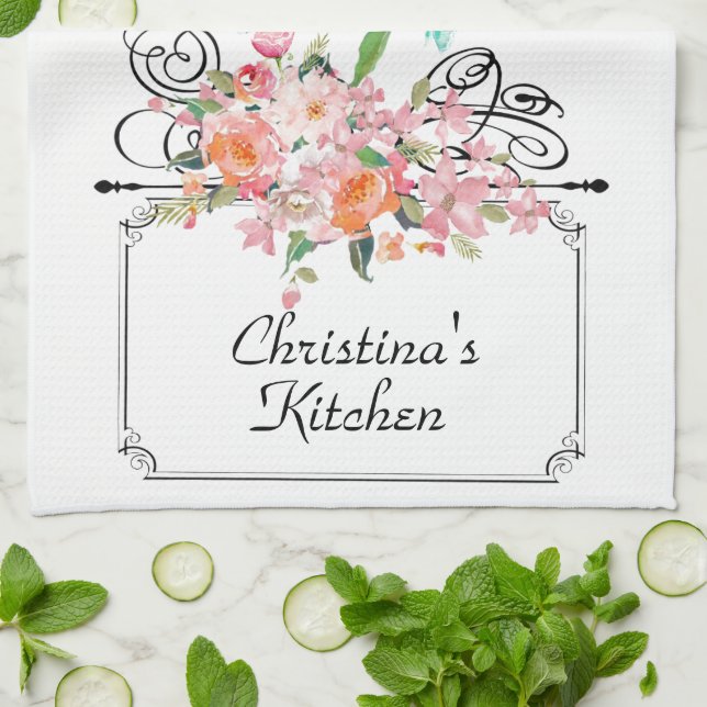 Victorian floral hanging sign white black pink tea towel (Folded)