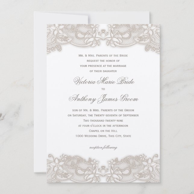 Victorian Floral Lace on White Design Wedding Invitation (Front)