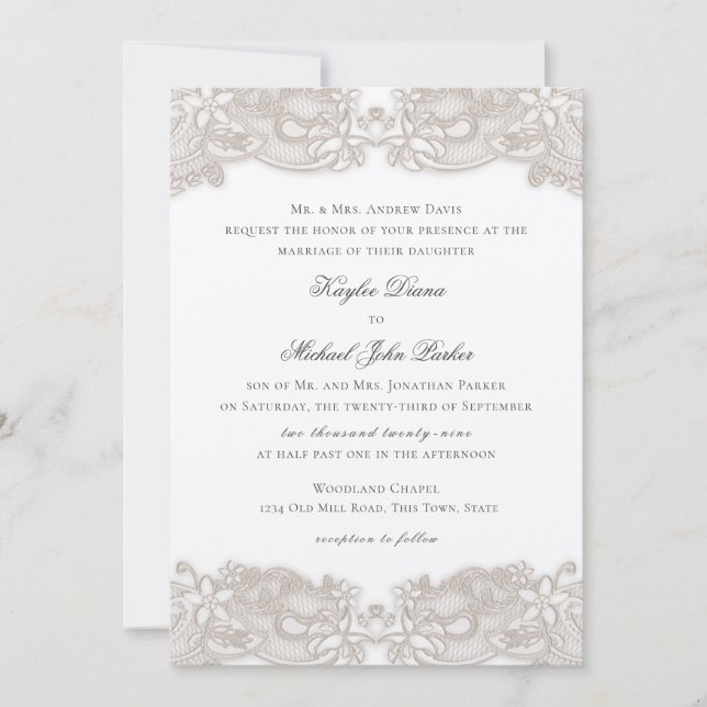 Victorian Floral Lace on White Design Wedding Invitation (Front)