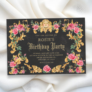 Victorian floral ornate gold birthday invitation
