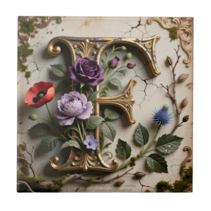 Victorian Floral Patina Letter F Monogram Tile