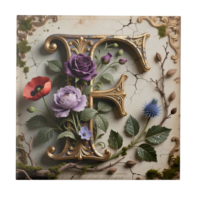 Victorian Floral Patina Letter F Monogram Tile (Front)