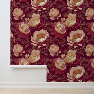 Victorian Floral Peonies Gold Burgundy  Wallpaper