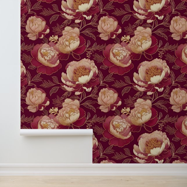 Victorian Floral Peonies Gold Burgundy  Wallpaper (Application)