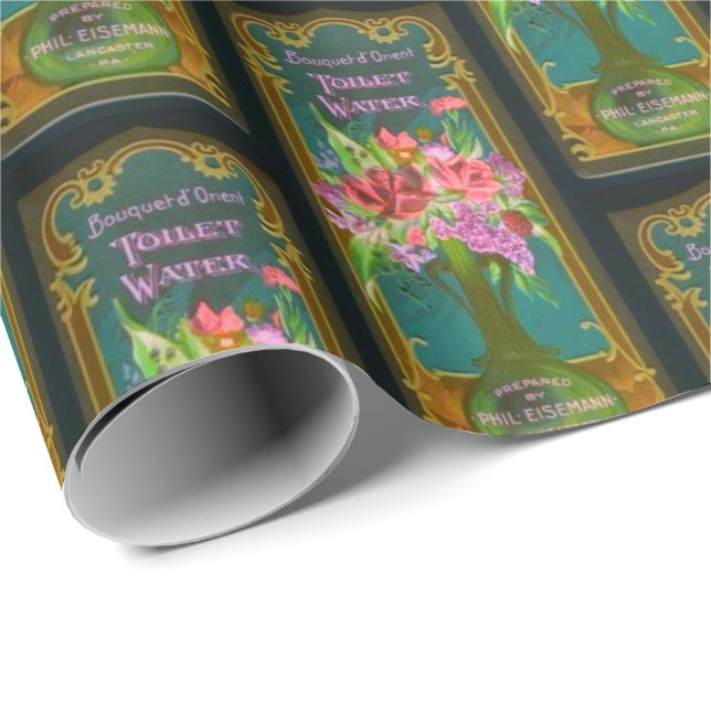 Victorian floral perfume label black teal pink wrapping paper (Roll Corner)