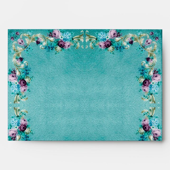 Victorian floral rose elegant teal purple envelope (Front)