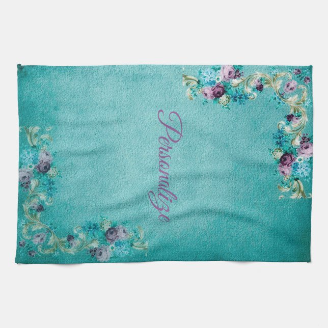 Victorian floral rose elegant teal purple pink tea towel (Horizontal)
