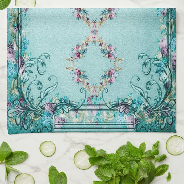 Victorian floral Rose flowers and scroll elegant Tea Towel (Folded)