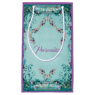 Victorian floral Rose scroll elegant teal purple  Small Gift Bag