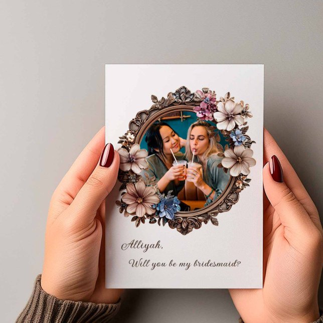 Victorian Floral Round Photo Bridesmaid Proposal Invitation (Victorian Round Frame WYB Card)