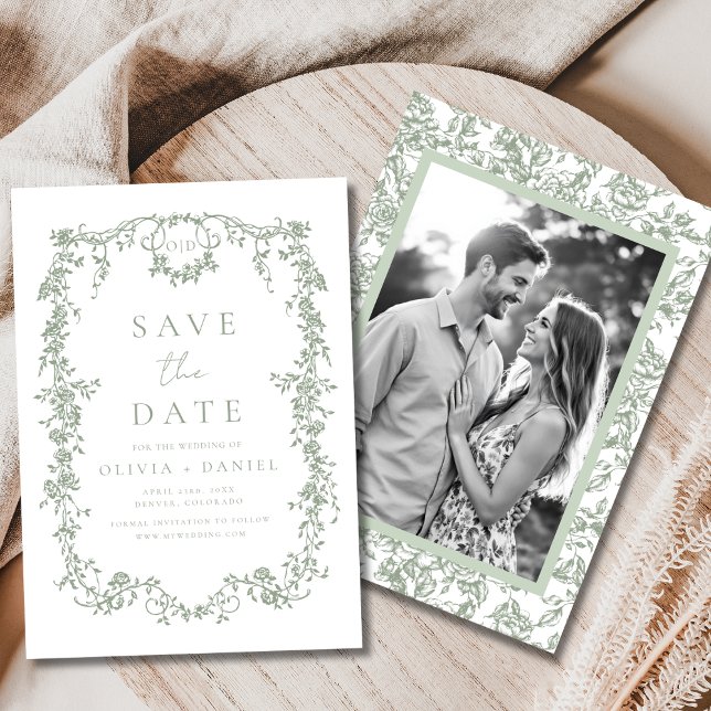 Victorian Floral Sage Green Photo French Wedding  Save The Date (Creator Uploaded)