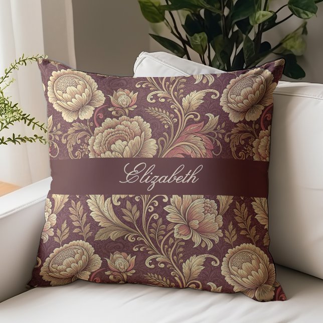 Victorian Floral Script Monogram Name Burgundy Cushion (Creator Uploaded)