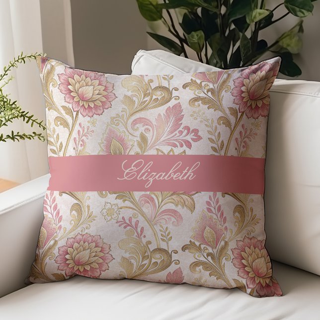 Victorian Floral Script Monogram Name Pink Gold Cushion (Creator Uploaded)