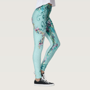 Victorian floral scroll elegant teal purple pink leggings