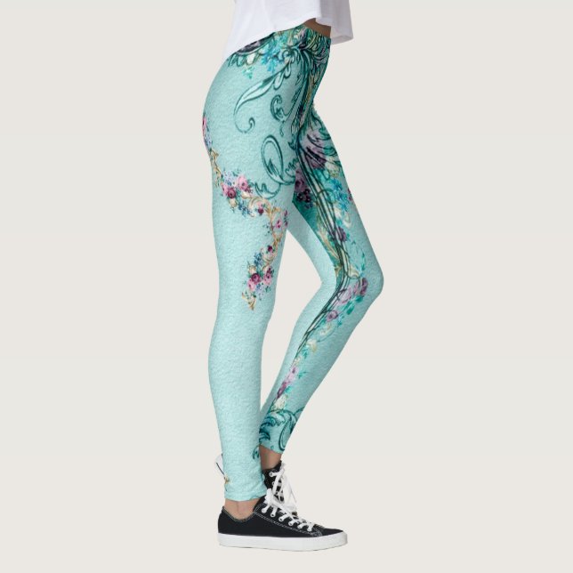 Victorian floral scroll elegant teal purple pink leggings (Right)
