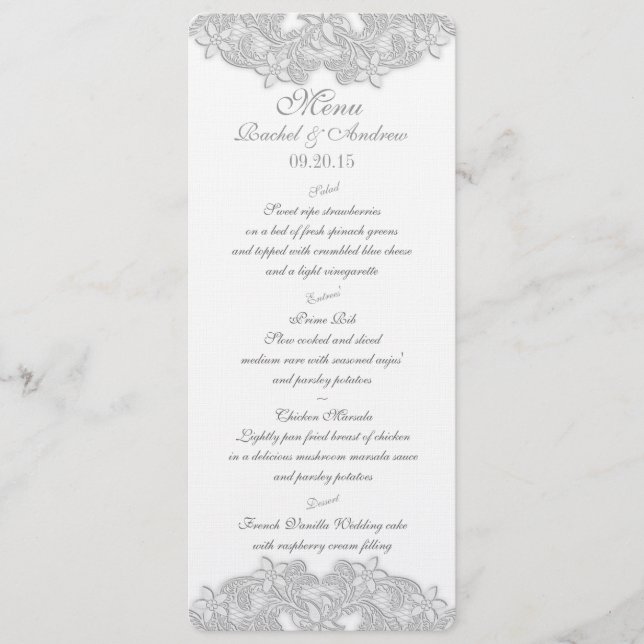 Victorian Floral Silver Grey Menu Card (Front)