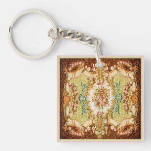 Victorian floral tapestry look brown pink green key ring