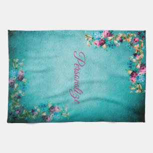 Victorian floral teal purple pink elegant tea towel