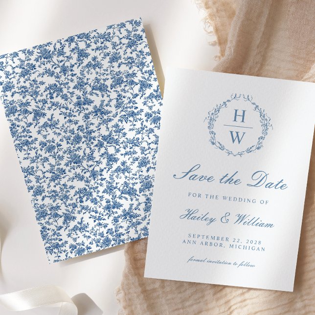 Victorian Floral Toile Blue Wedding Save the Date (Creator Uploaded)