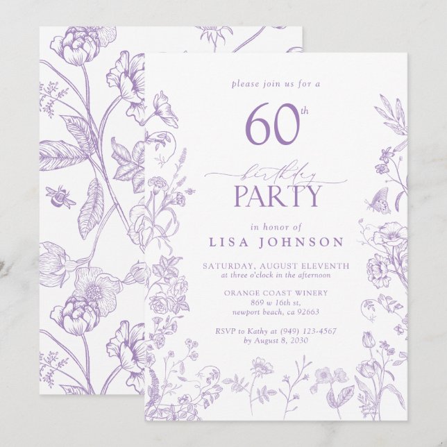Victorian Flowers 60th Birthday Party Lilac Script Invitation (Front/Back)