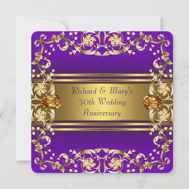 Victorian Flowers Purple and Gold 50th Anniversary Invitation (Front)