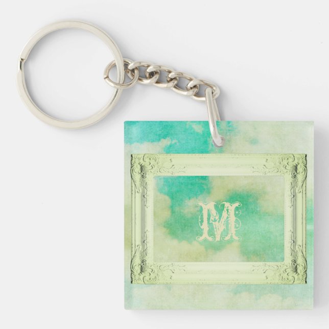 Victorian frame sky painting elegant teal cream key ring (Front)