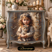 Victorian Freckled Girl with Kitten Decoupage