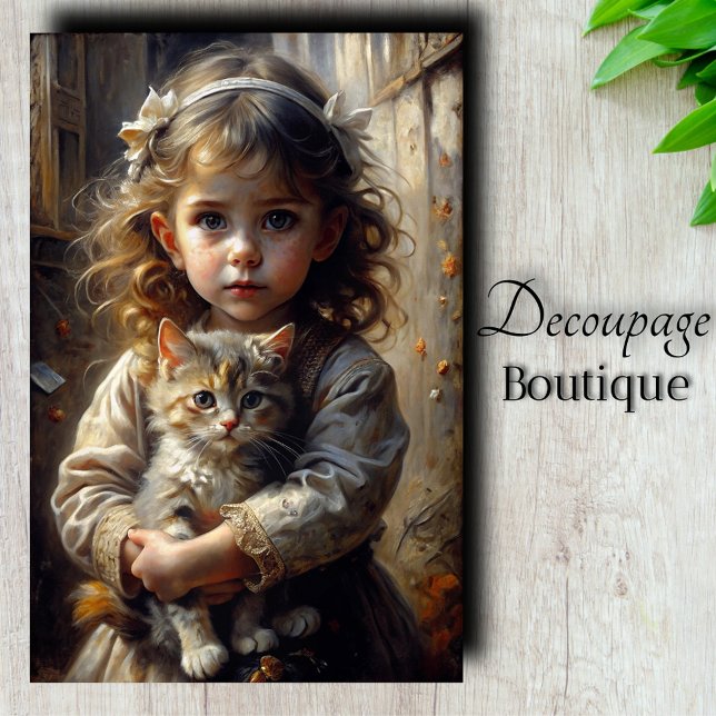 Victorian Freckled Girl with Kitten Decoupage Tissue Paper (Victorian Girl With Kitten Decoupage Tissue Paper)