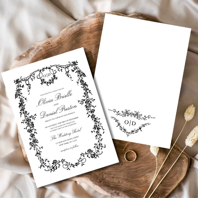 Victorian French Black Floral Wedding Monogram Invitation (Creator Uploaded)