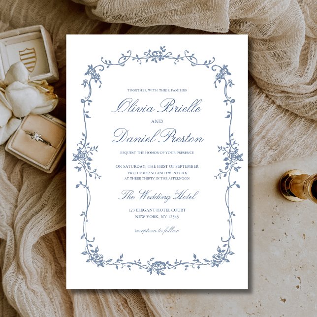 Victorian French Blue Floral Elegant Wedding Invitation (Creator Uploaded)