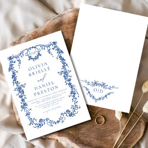 Victorian French Blue Floral Wedding Monogram Invitation