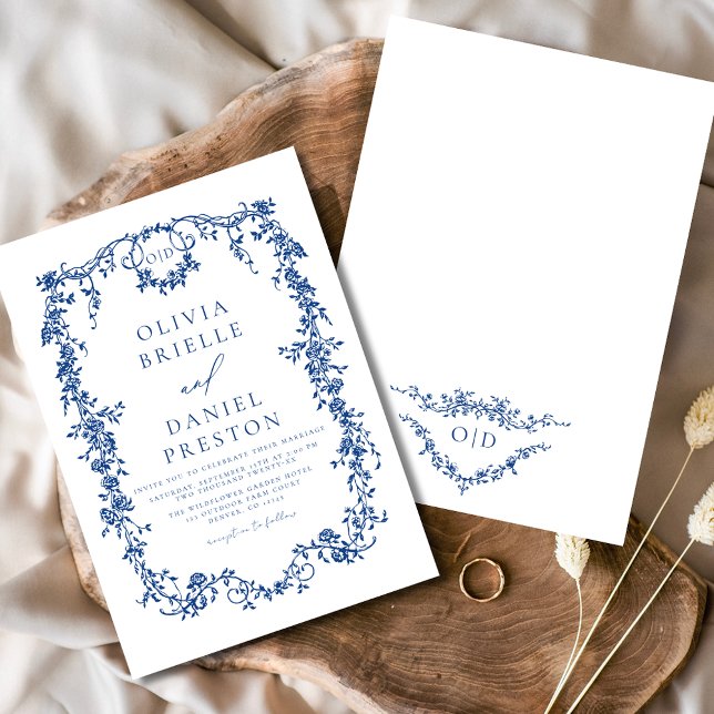 Victorian French Blue Floral Wedding Monogram Invitation (Creator Uploaded)
