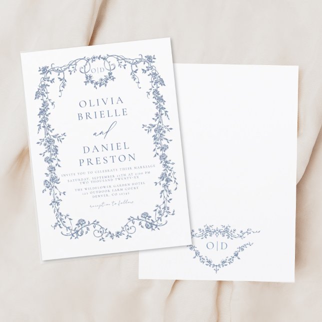 Victorian French Blue Floral Wedding Monogram Invitation (Creator Uploaded)