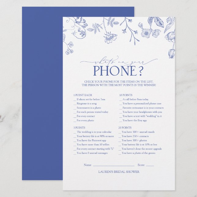 Victorian French Blue & White Bridal Shower Game (Front/Back)