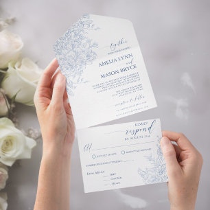 Victorian French Dusty Blue Floral Wedding All In One Invitation