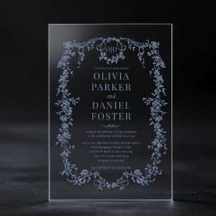 Victorian French Dusty Blue Wedding Monogram Acrylic Invitations