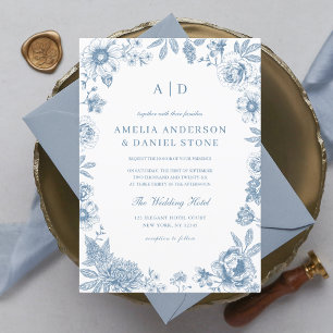 Victorian French Dusty Blue Wedding Monogram Invitation