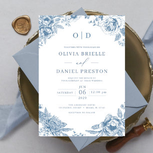Victorian French Dusty Blue Wedding Monogram Invitation