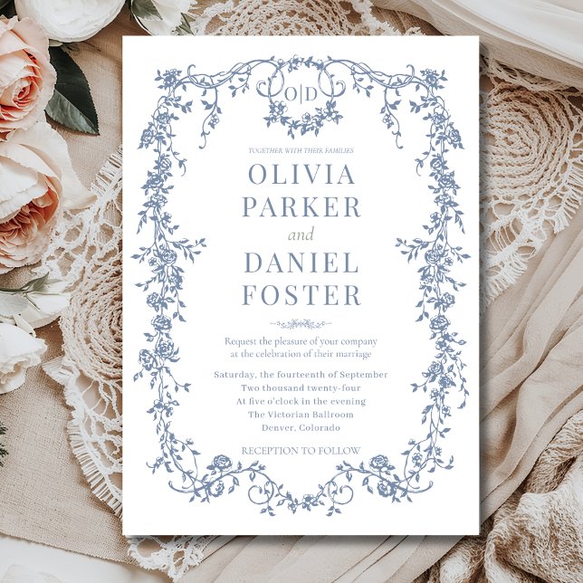 Victorian French Dusty Blue Wedding Monogram Invitation (Creator Uploaded)