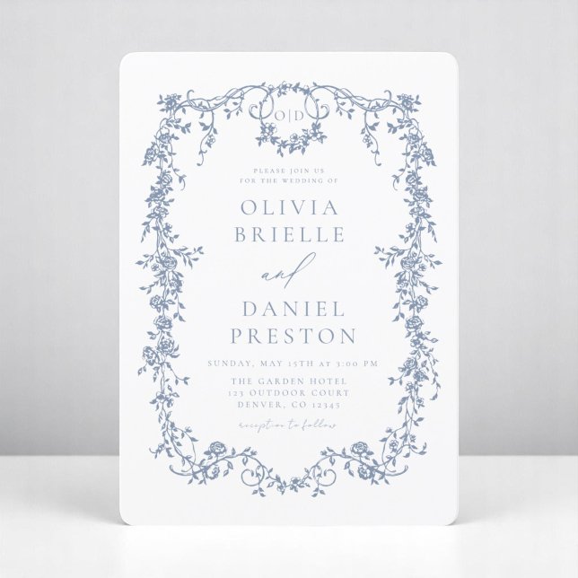 Victorian French Dusty Blue Wedding Monogram Invitation (Creator Uploaded)